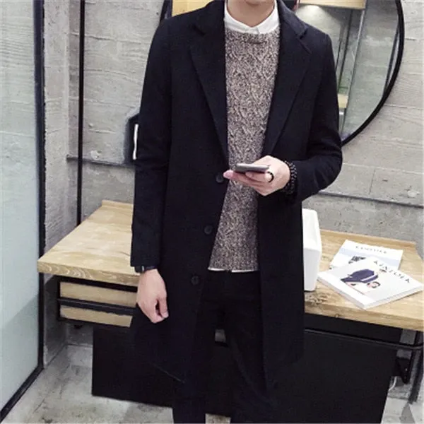 2018 Spring Men's Casual Long Sleeve Woolen Coat / Men's Solid Color Long Trench Coats Blends / plus size 5XL