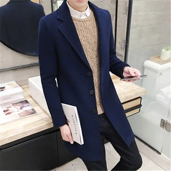 2018 Spring Men's Casual Long Sleeve Woolen Coat / Men's Solid Color Long Trench Coats Blends / plus size 5XL