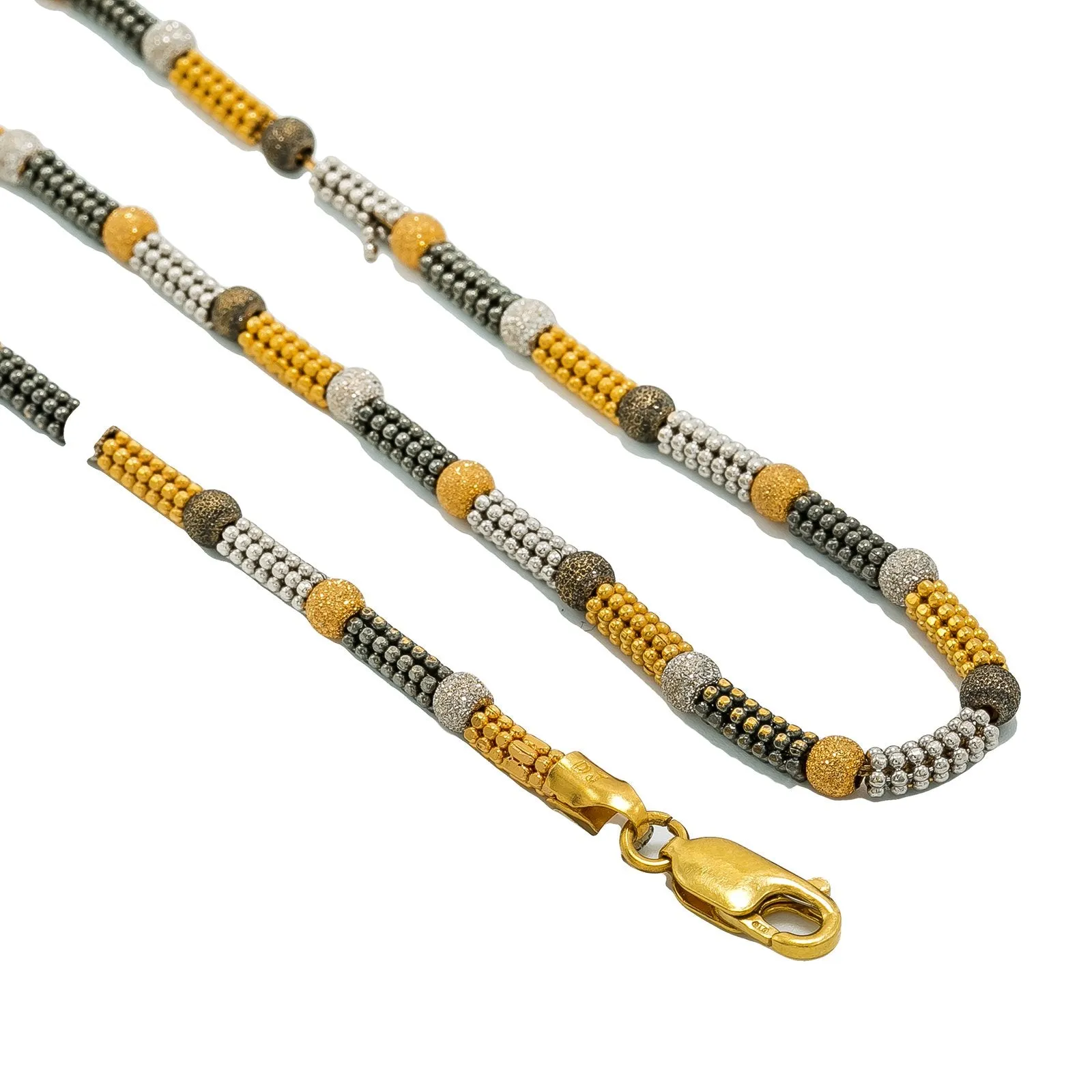 22K Multi Tone Gold Chain W/ Rounded Bead Chain & Glass Blast Bead Accents