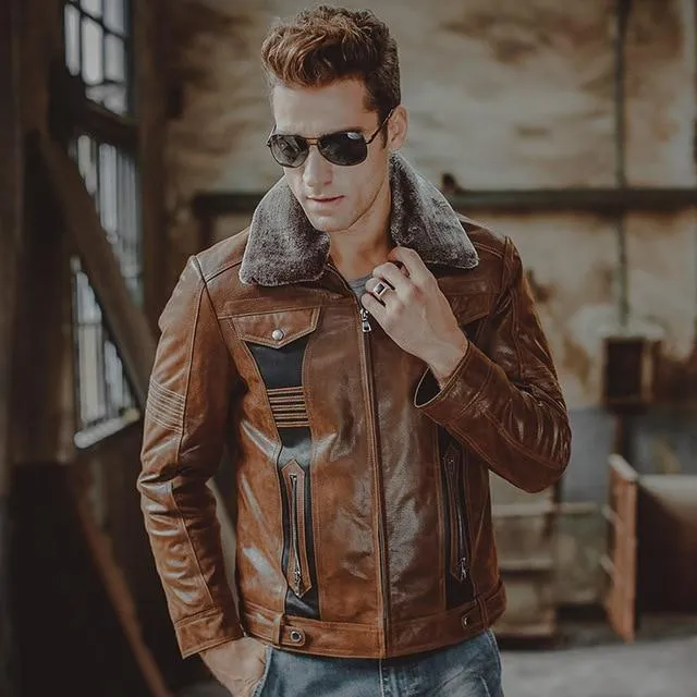 3 Colors Men's Pigskin Leather Motorcycle Winter Jackets with Fur Collar