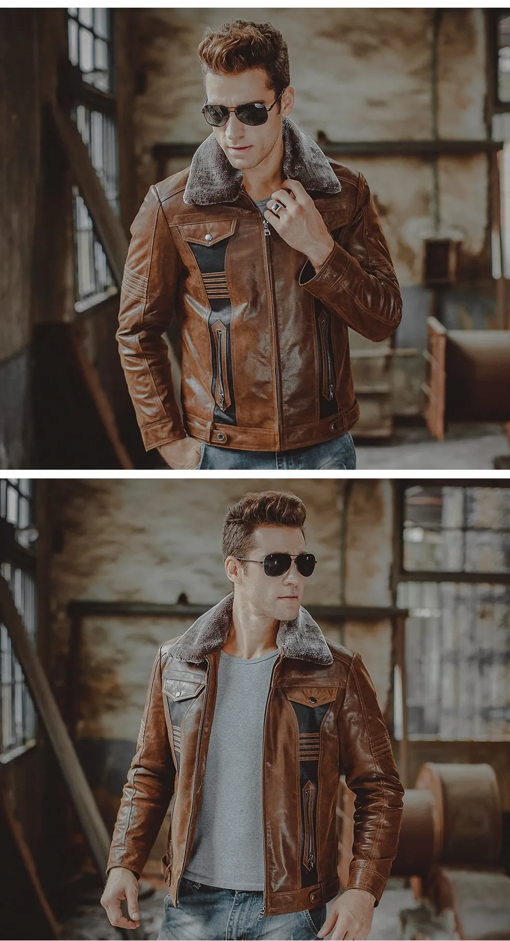 3 Colors Men's Pigskin Leather Motorcycle Winter Jackets with Fur Collar