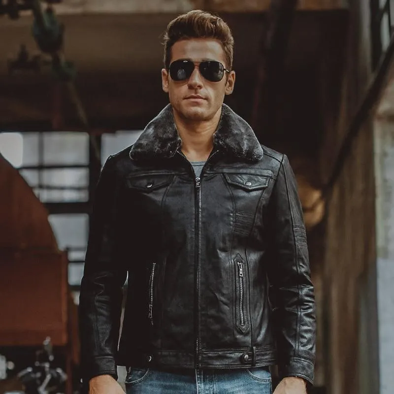 3 Colors Men's Pigskin Leather Motorcycle Winter Jackets with Fur Collar