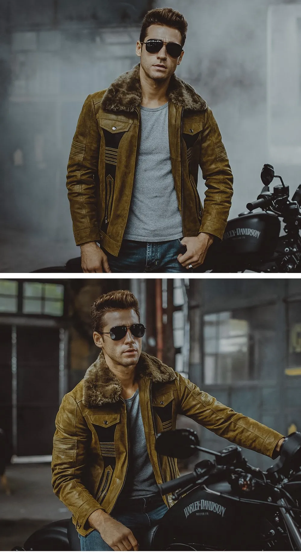 3 Colors Men's Pigskin Leather Motorcycle Winter Jackets with Fur Collar