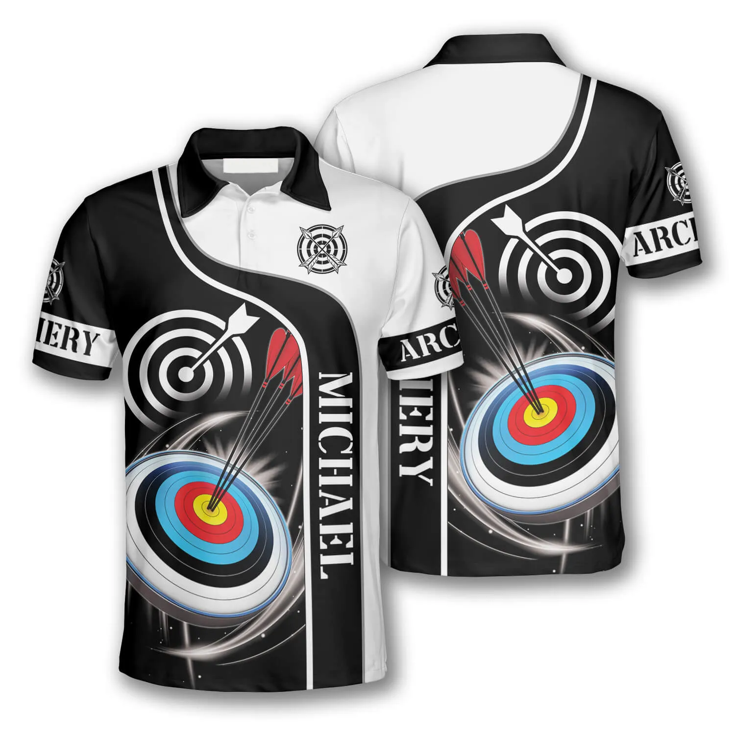 3D All Over Print Archery Targets Black White Version Custom Name Archery Polo Shirts for Men