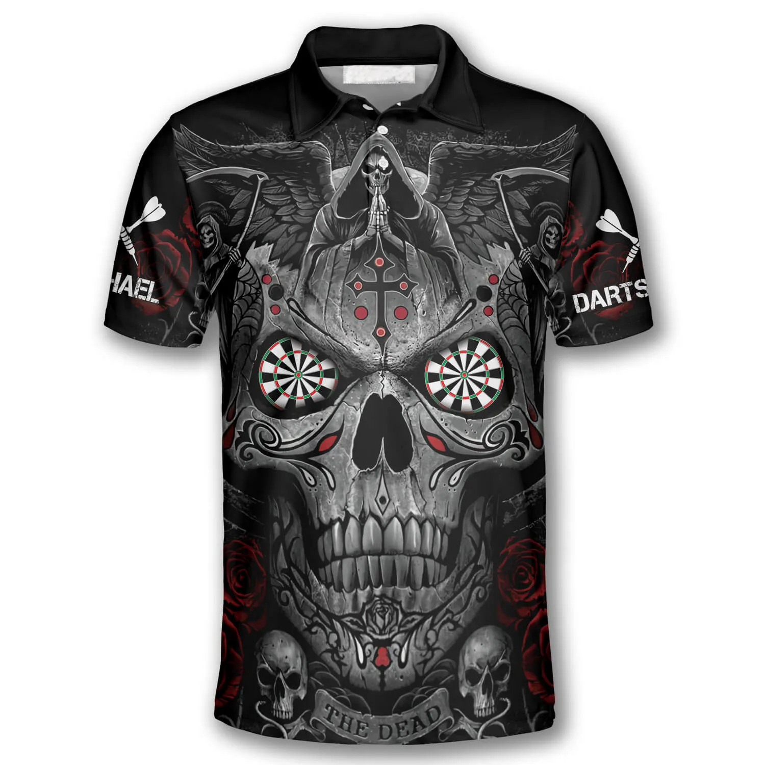 3D All Over Print Grim Reaper Praying Cross Skull Custom Darts Polo Shirts