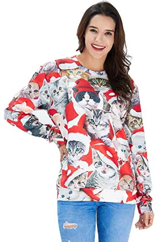 70s Adult Couple Ugly Christmas Sweater Oversized Cute Colorful Xmas Cats Family Pullover Funny Comfy Lovely Animal Sweatshirts Loose Geometric Winter Warm Blouse Long Sleeve Shirts Grey XL