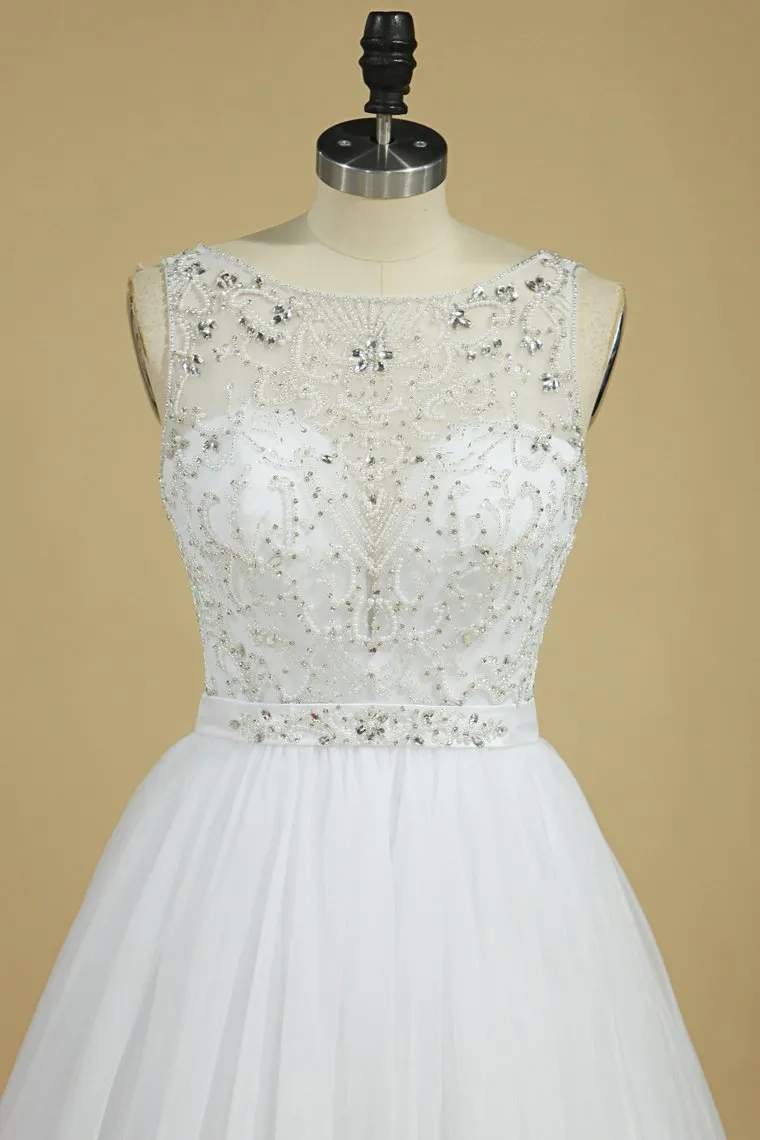 A Line Bateau Open Back Beaded Bodice Tulle Court Train Wedding Dresses