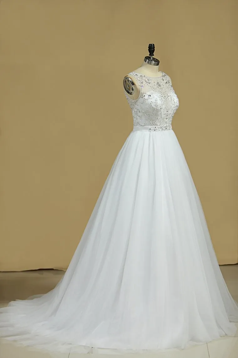 A Line Bateau Open Back Beaded Bodice Tulle Court Train Wedding Dresses