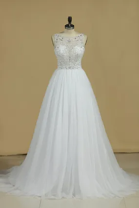 A Line Bateau Open Back Beaded Bodice Tulle Court Train Wedding Dresses