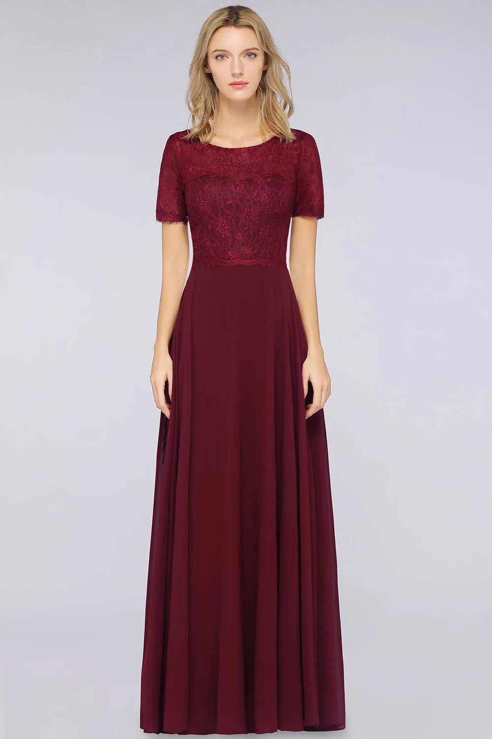 A-Line Chiffon Lace Round-Neck Long Bridesmaid Dress with Sleeves