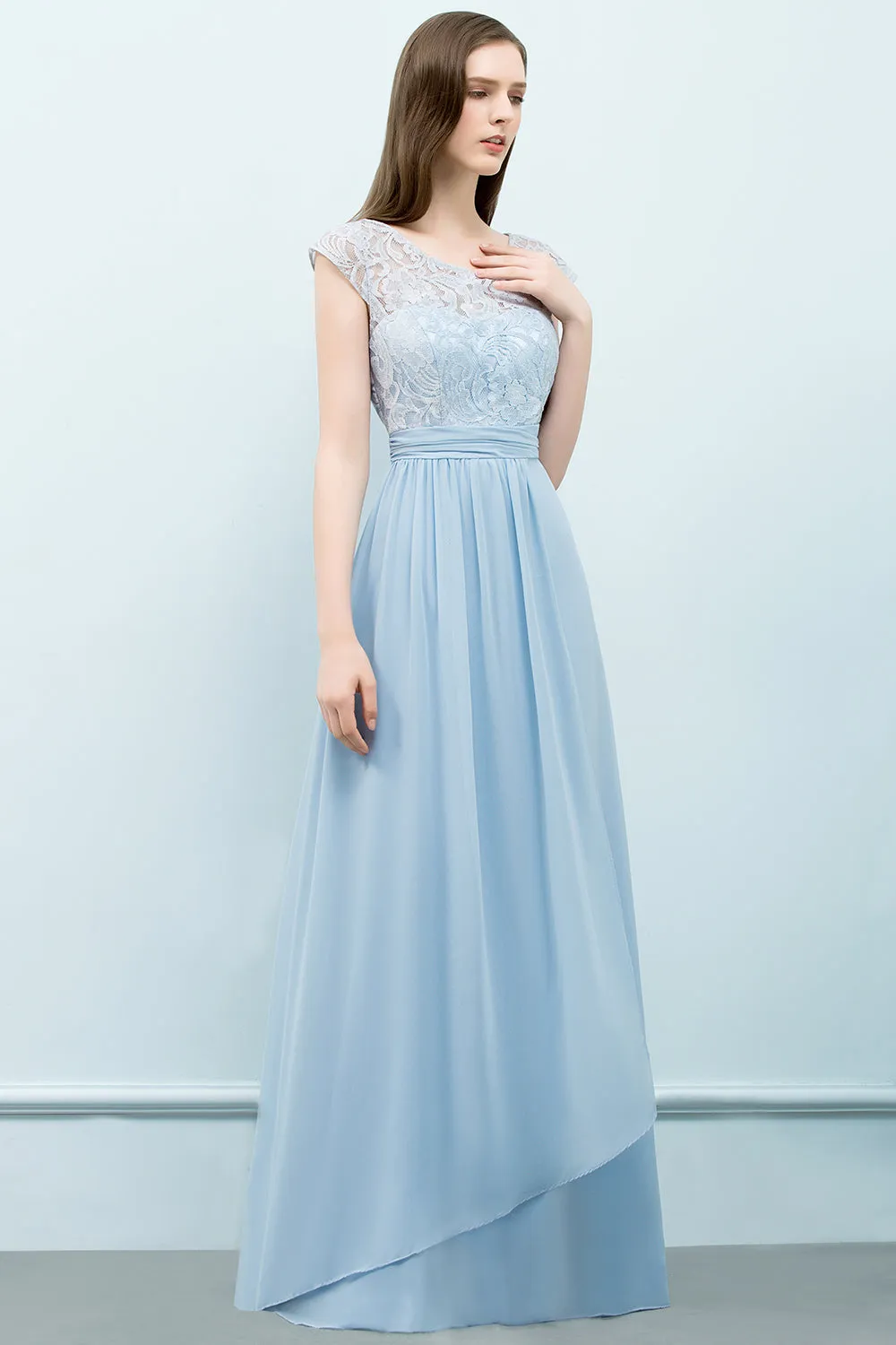 A-line Chiffon Lace Scoop Long Bridesmaid Dresses with Sleeves