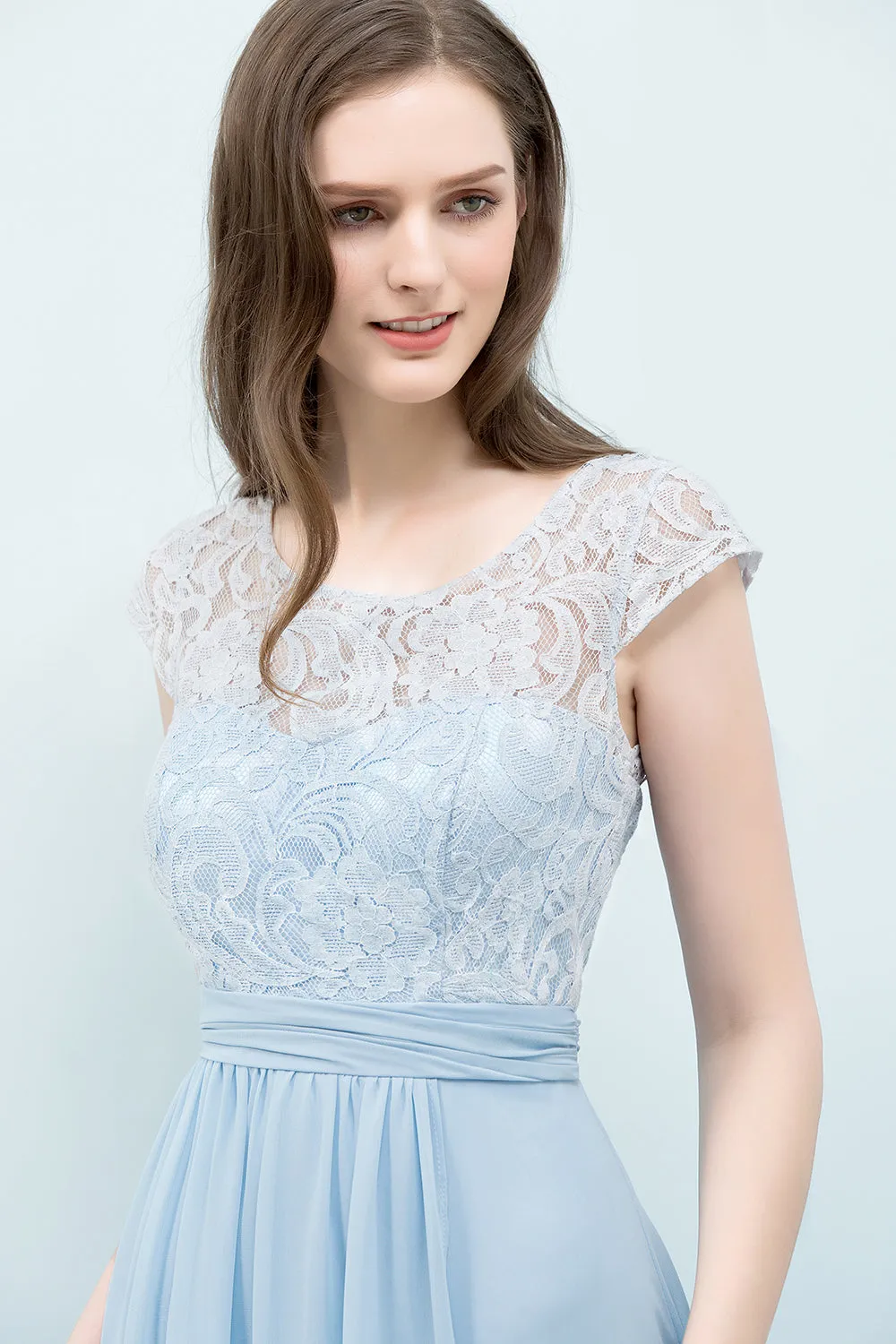 A-line Chiffon Lace Scoop Long Bridesmaid Dresses with Sleeves