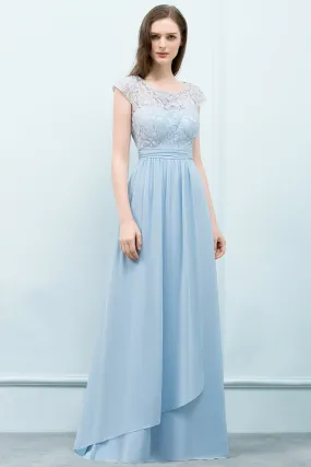 A-line Chiffon Lace Scoop Long Bridesmaid Dresses with Sleeves