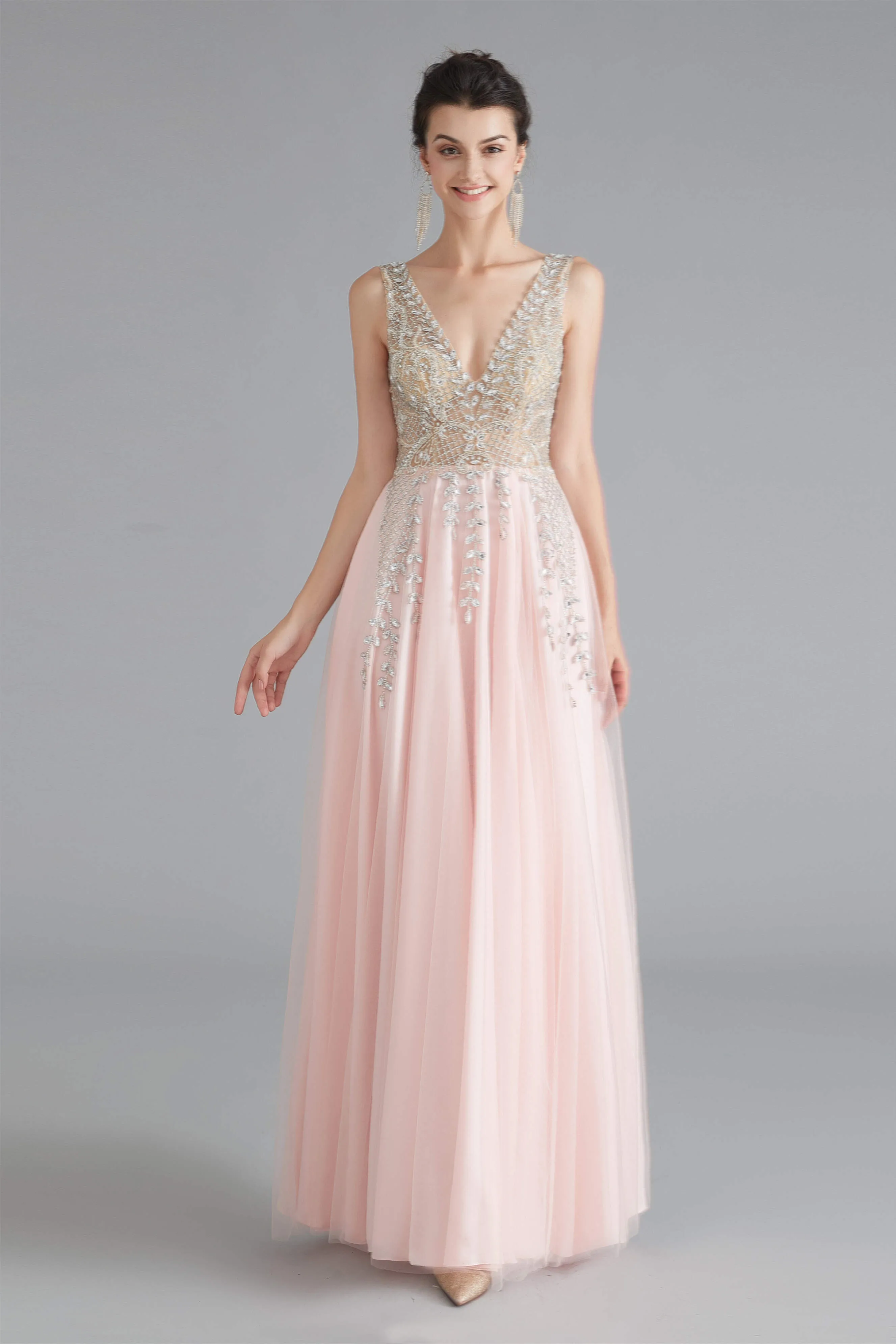 A Line Crystal Pink Split V Neck Backless Beaded Prom Dresses