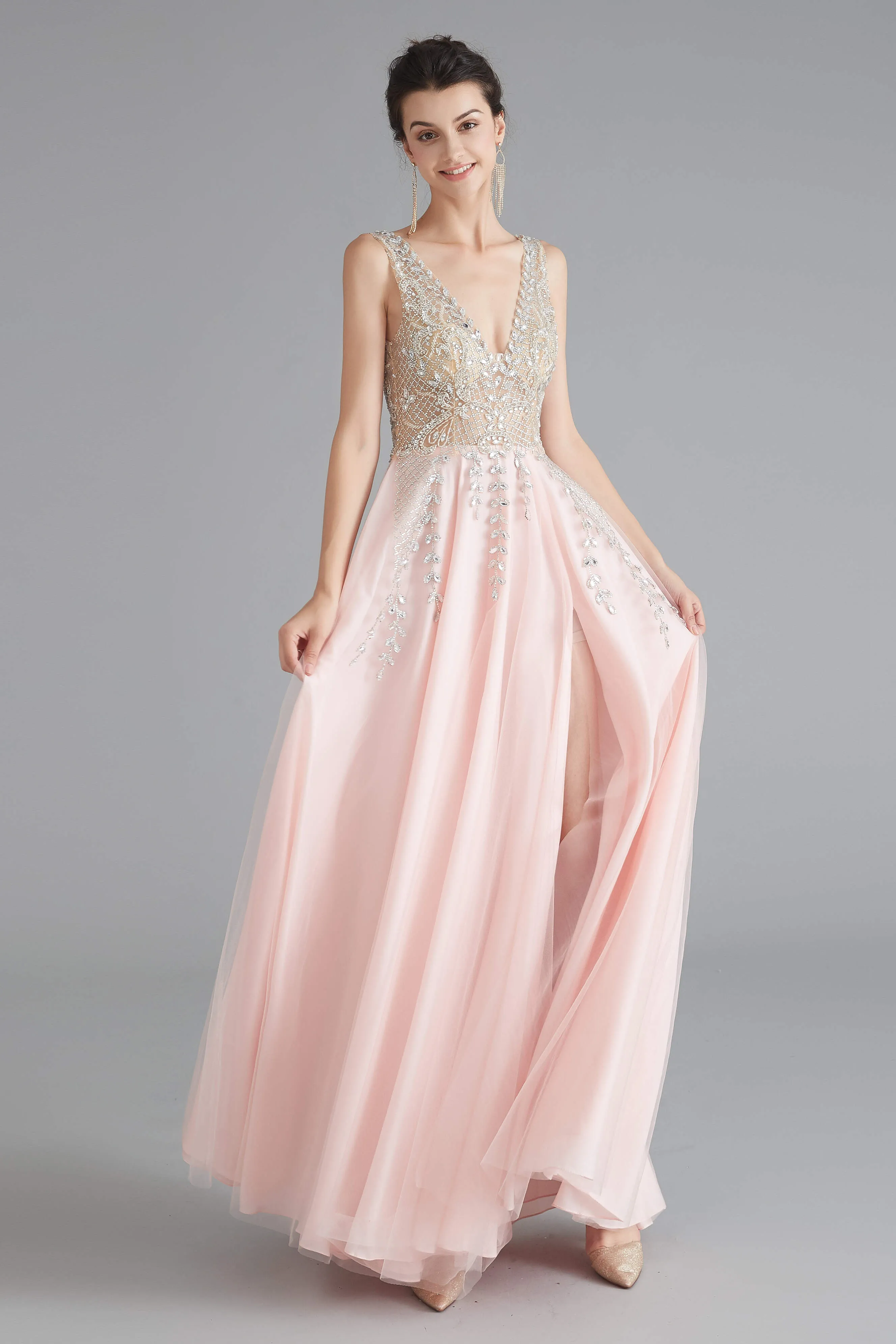 A Line Crystal Pink Split V Neck Backless Beaded Prom Dresses