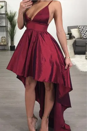 A line Deep V Neck High Low Spaghetti Straps Sleeveless Taffeta Prom Dresses JS358