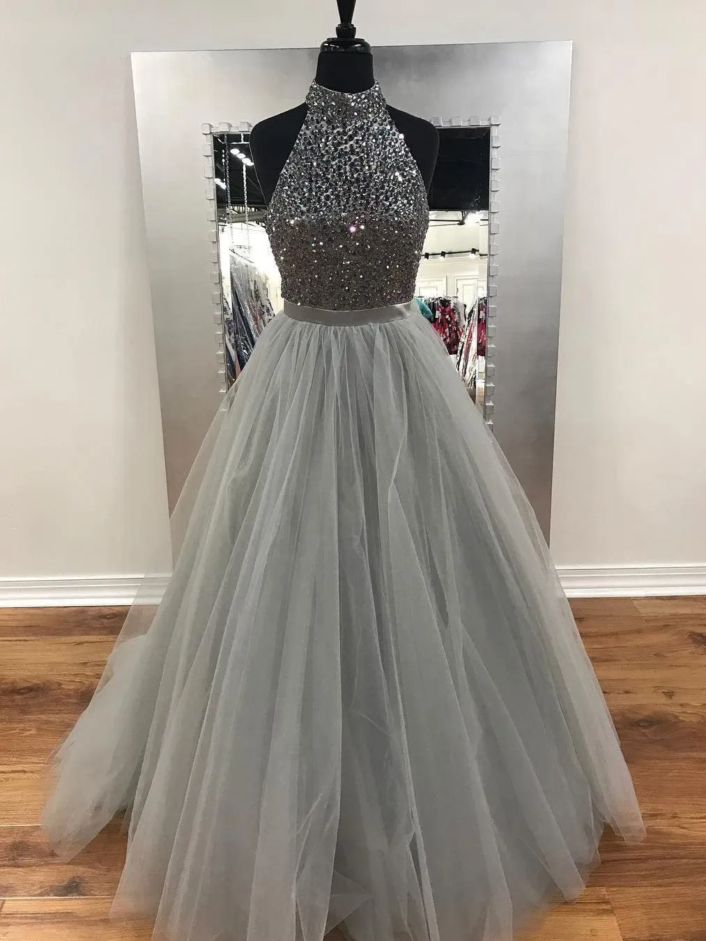 A-line Halter High Neck Grey Tulle with Rhinestone Beaded Prom Dresses APD2783