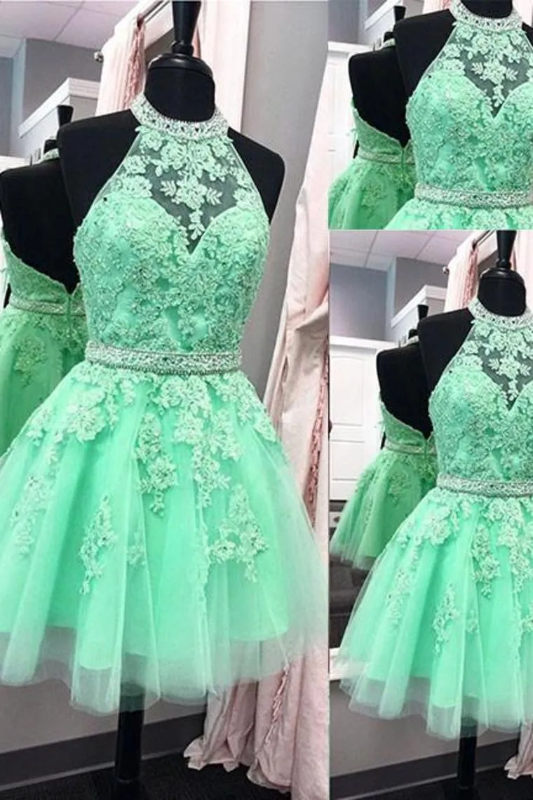 A Line Homecoming Dresses Halter Beaded Bodice Short/Mini Tulle Zipper Up