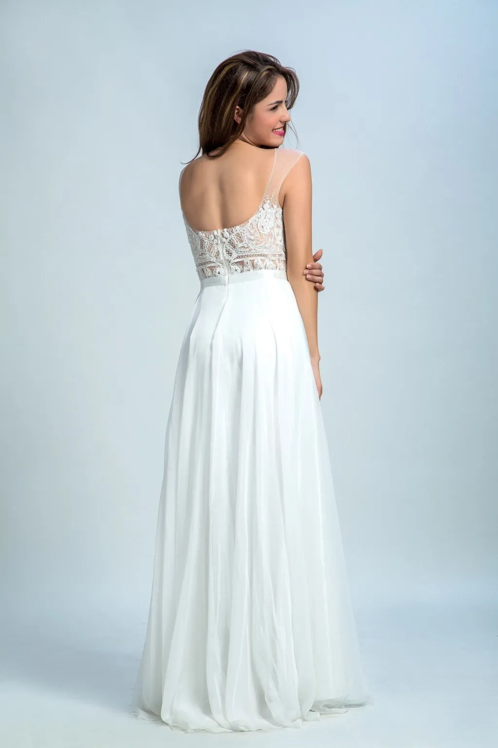 A-line Illusion Floor-Length Chiffon Lace White Evening Dresses 2921