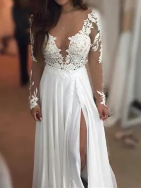 A-line Off-Shoulder Sweep Train Chiffon Appliqued Wedding Dresses SWD012