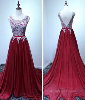 A Line Open Back Lace Burgundy Prom Dresses, Burgundy Formal Dresses