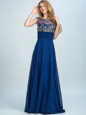 A-line Scoop-Neck Floor-Length Chiffon Beaded Evening Dresses 2907