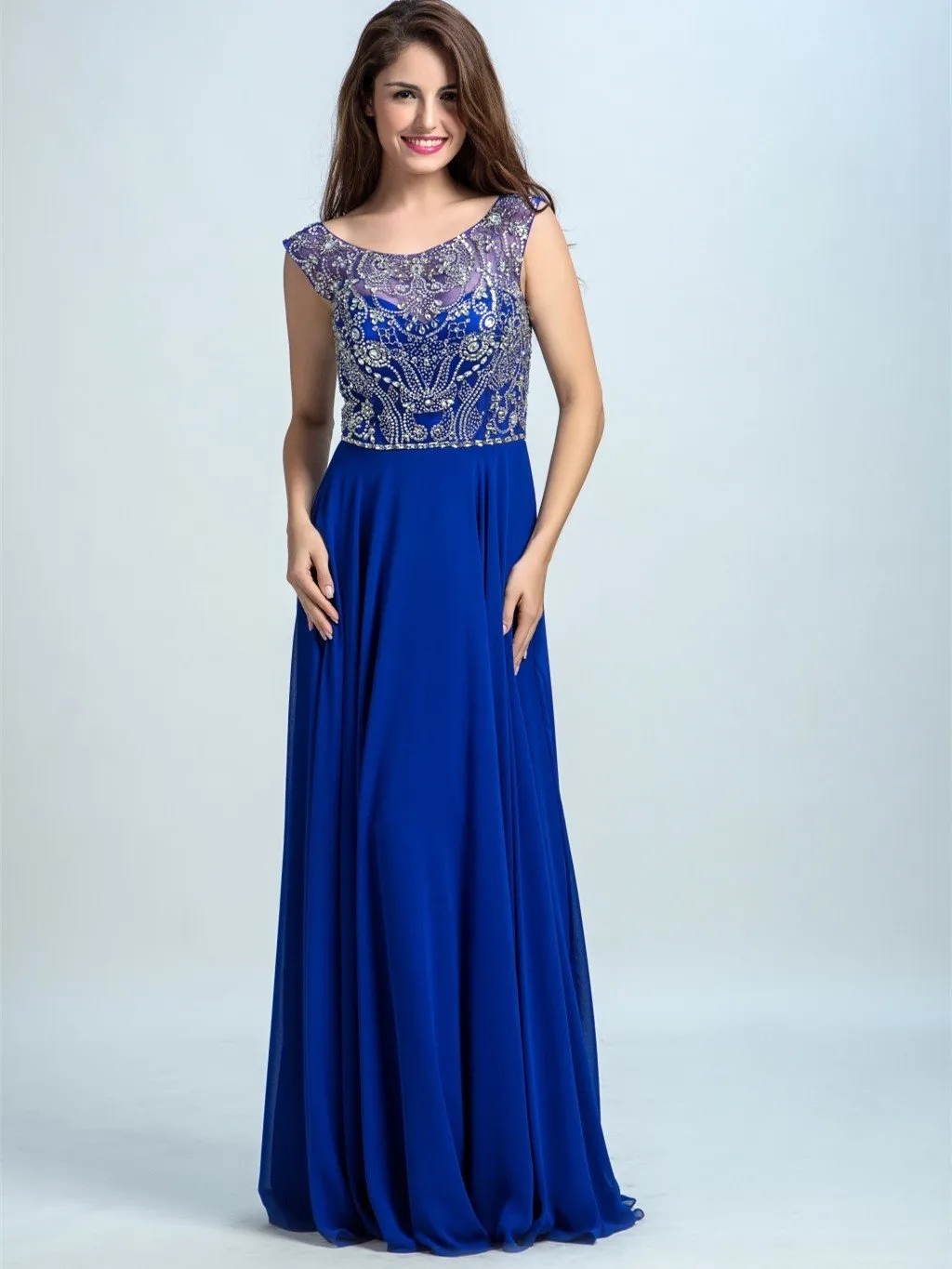 A-line Scoop-Neck Sweep Train Chiffon Rhine Stone  Beaded Royal Blue Prom Dresses 2926