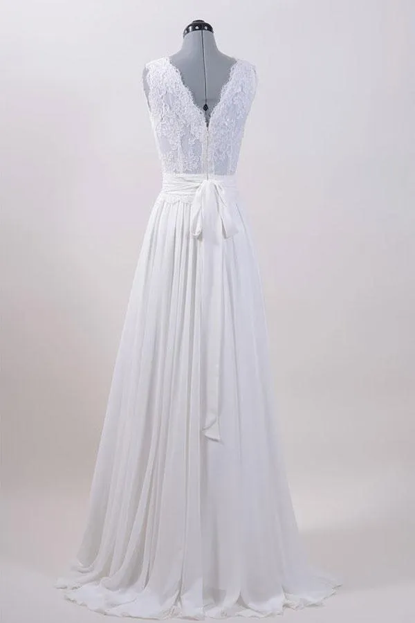 A-line V-neck Sweep Train Chiffon Lace Beaded Wedding Dresses ABC00012