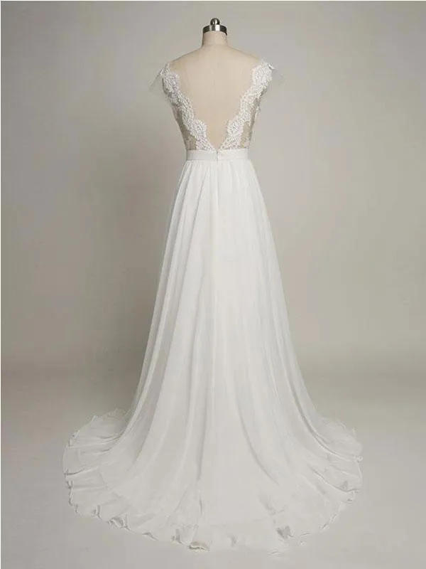 A-line V-neck Sweep Train Chiffon Lace Ivory Wedding Dresses ABC00011