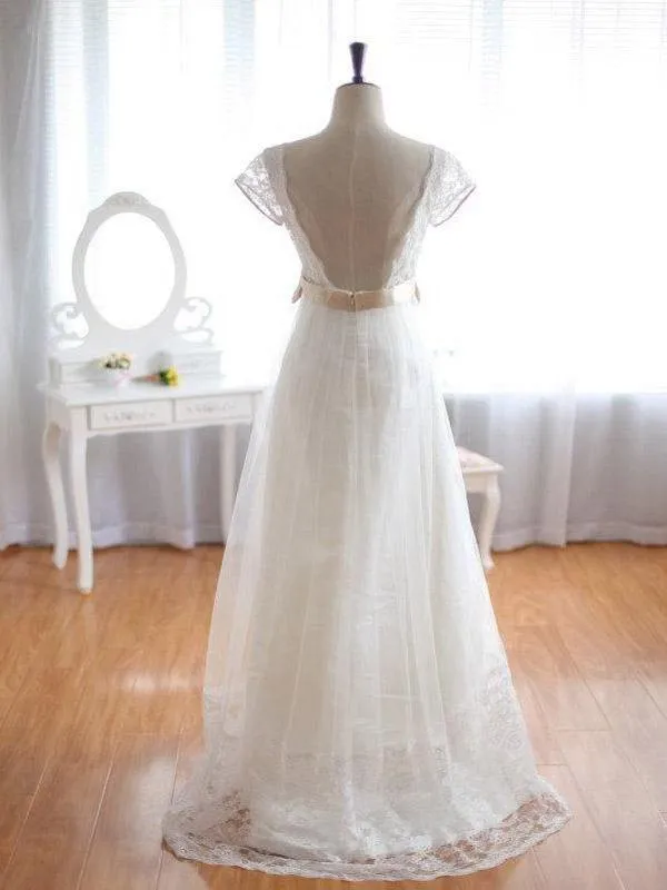 A-line V-neck Sweep Train Chiffon Lace Wedding Dresses ASD26764