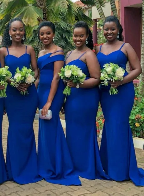 African Satin Blue Mermaid Bridesmaid Dresses Spaghetti Straps Wedding Guest Dress,BD240651