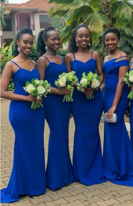 African Satin Blue Mermaid Bridesmaid Dresses Spaghetti Straps Wedding Guest Dress,BD240651