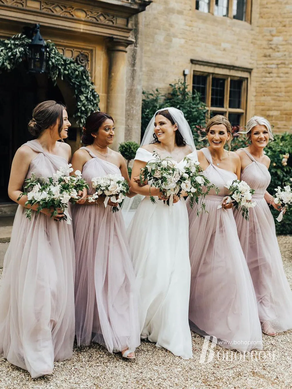 Amazing Tulle One Shoulder Neckline Floor-length A-line Bridesmaid Dresses With Pleats BD170