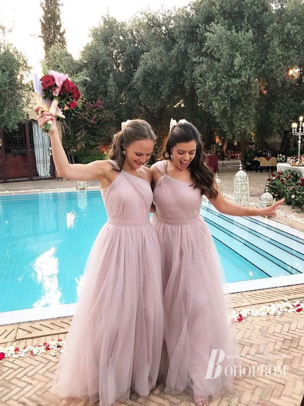 Amazing Tulle One Shoulder Neckline Floor-length A-line Bridesmaid Dresses With Pleats BD170