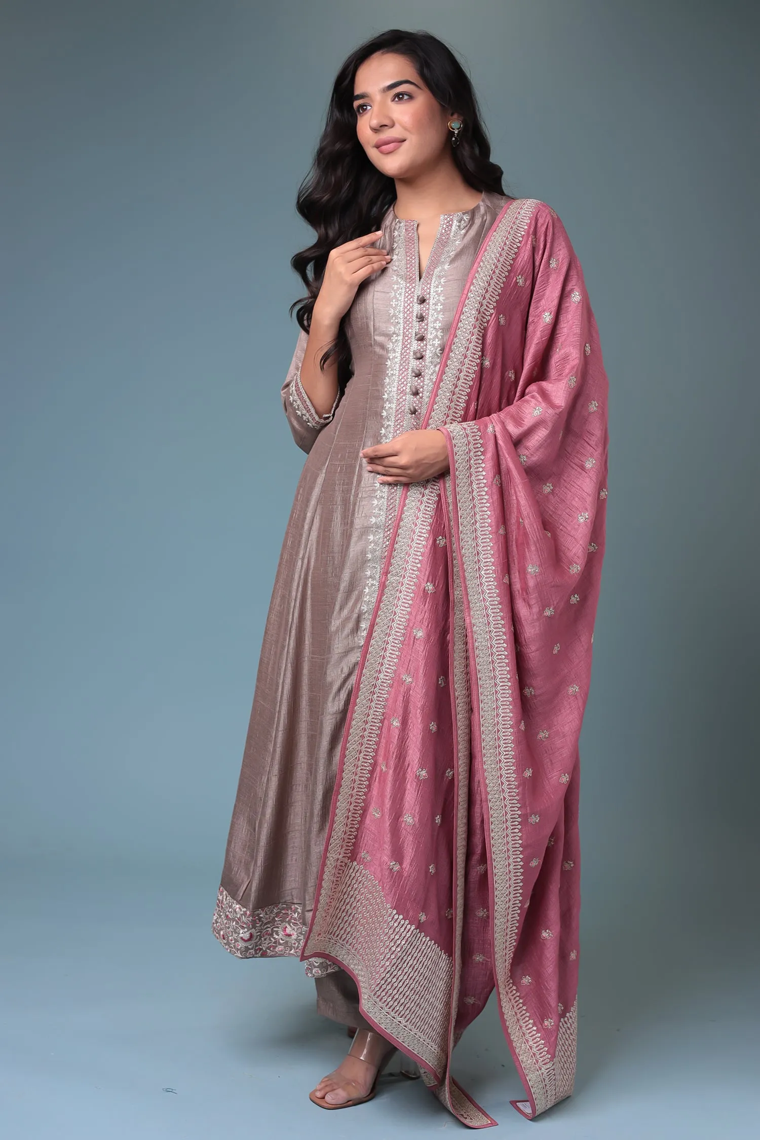 Anarkali Chinon Suit with Embroidered Dupatta