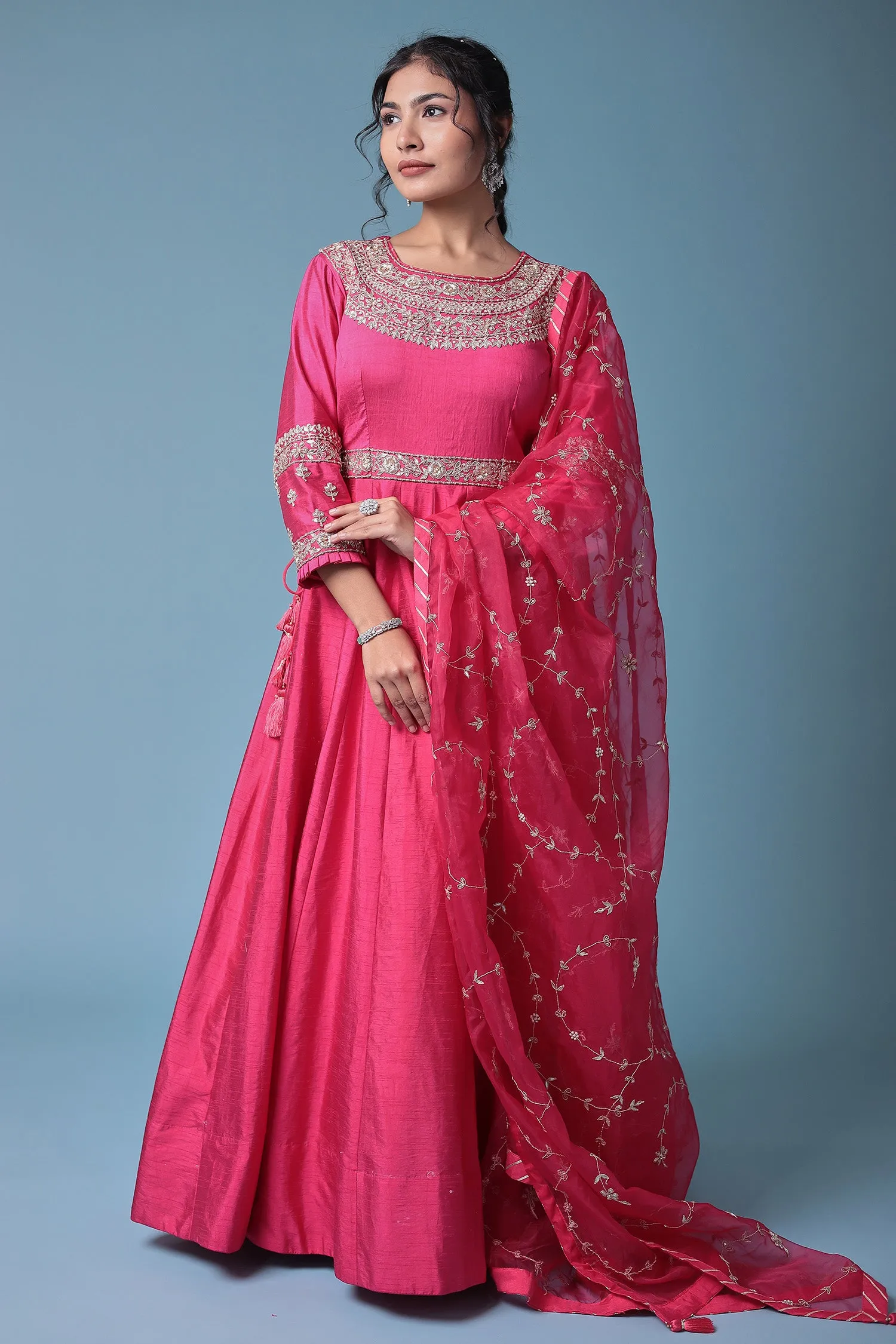 Anarkali Embellished Silk Suit with Embroidered Dupatta