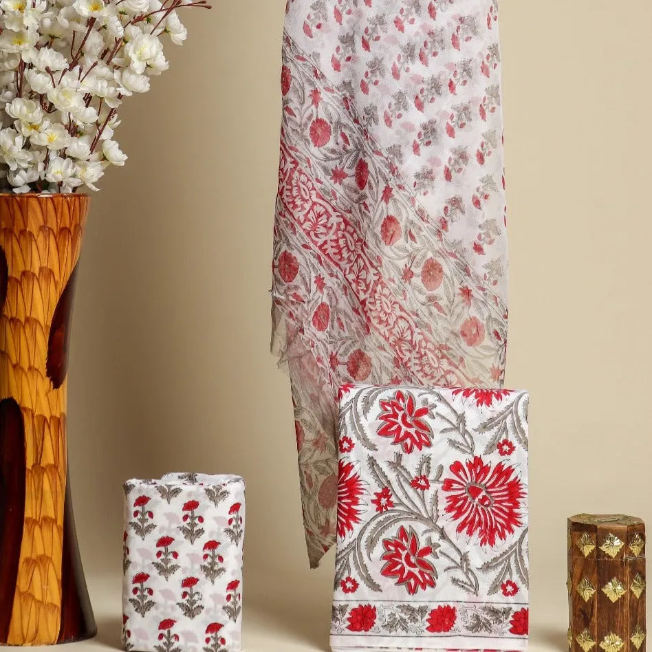 Appealing Hand Block Print Cotton Suit Set with Chiffon Dupatta (PCHF352)