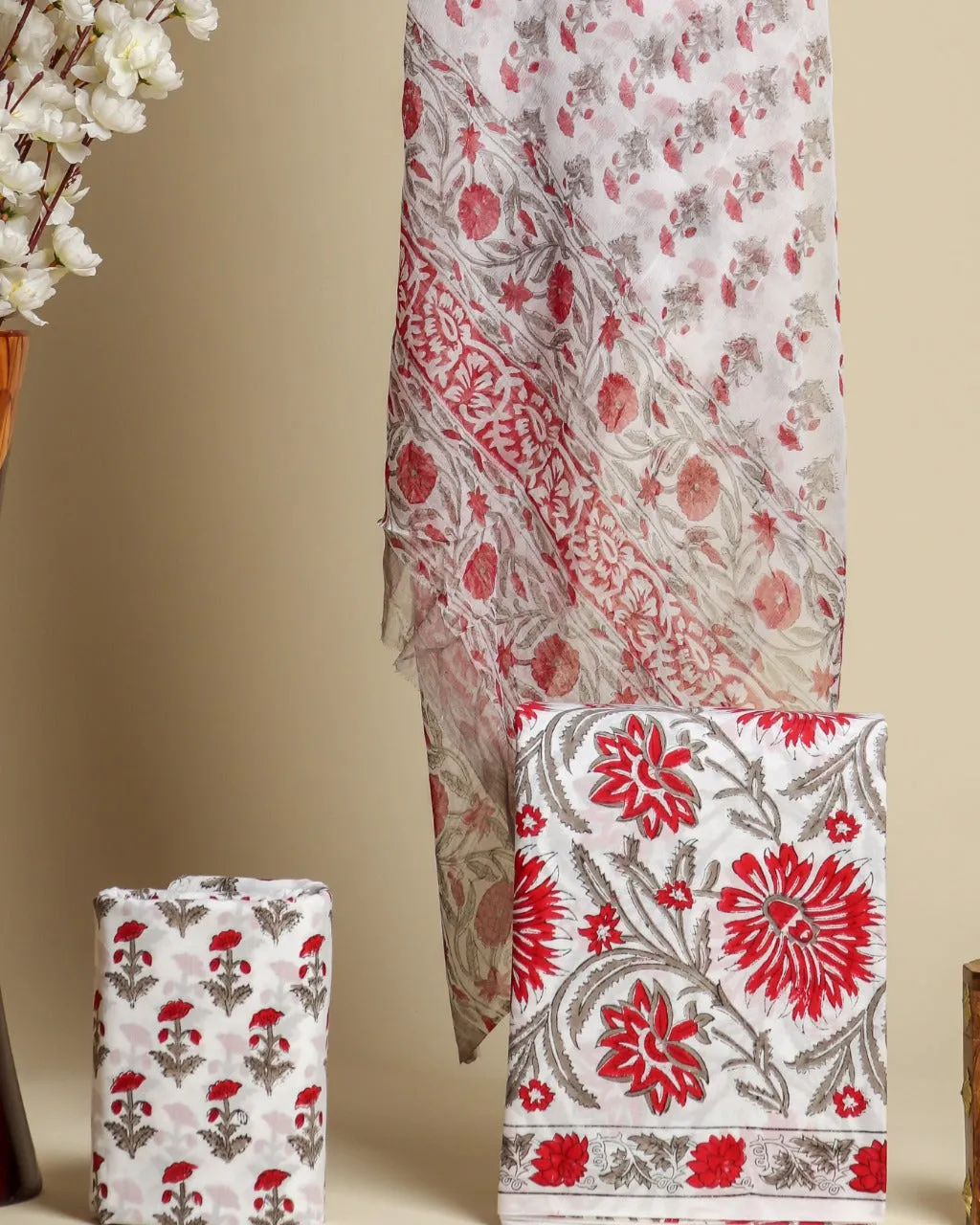 Appealing Hand Block Print Cotton Suit Set with Chiffon Dupatta (PCHF352)