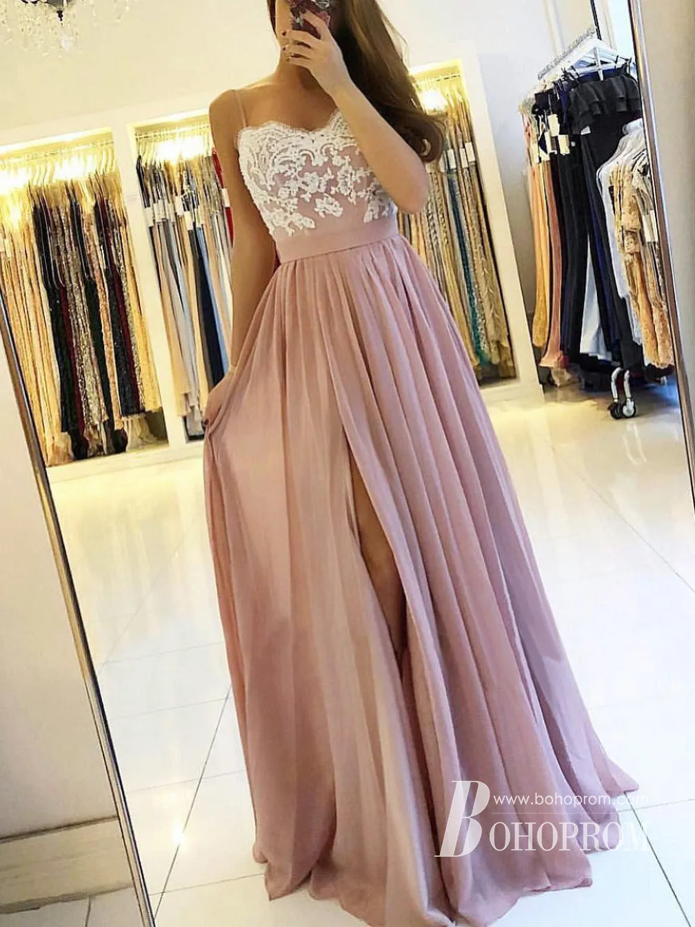 Attractive Chiffon Appliques A-line Prom Dresses Spaghetti Straps Dresses PD317