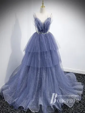 Attractive Sparkly Lace Spaghetti Straps Beaded Tiered Tulle Chapel Train Prom Dresses PD723