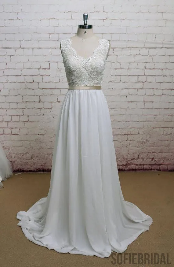 Backless V Neck Cap Sleeve Lace Simple Cheap Beach Wedding Dresses, WD323