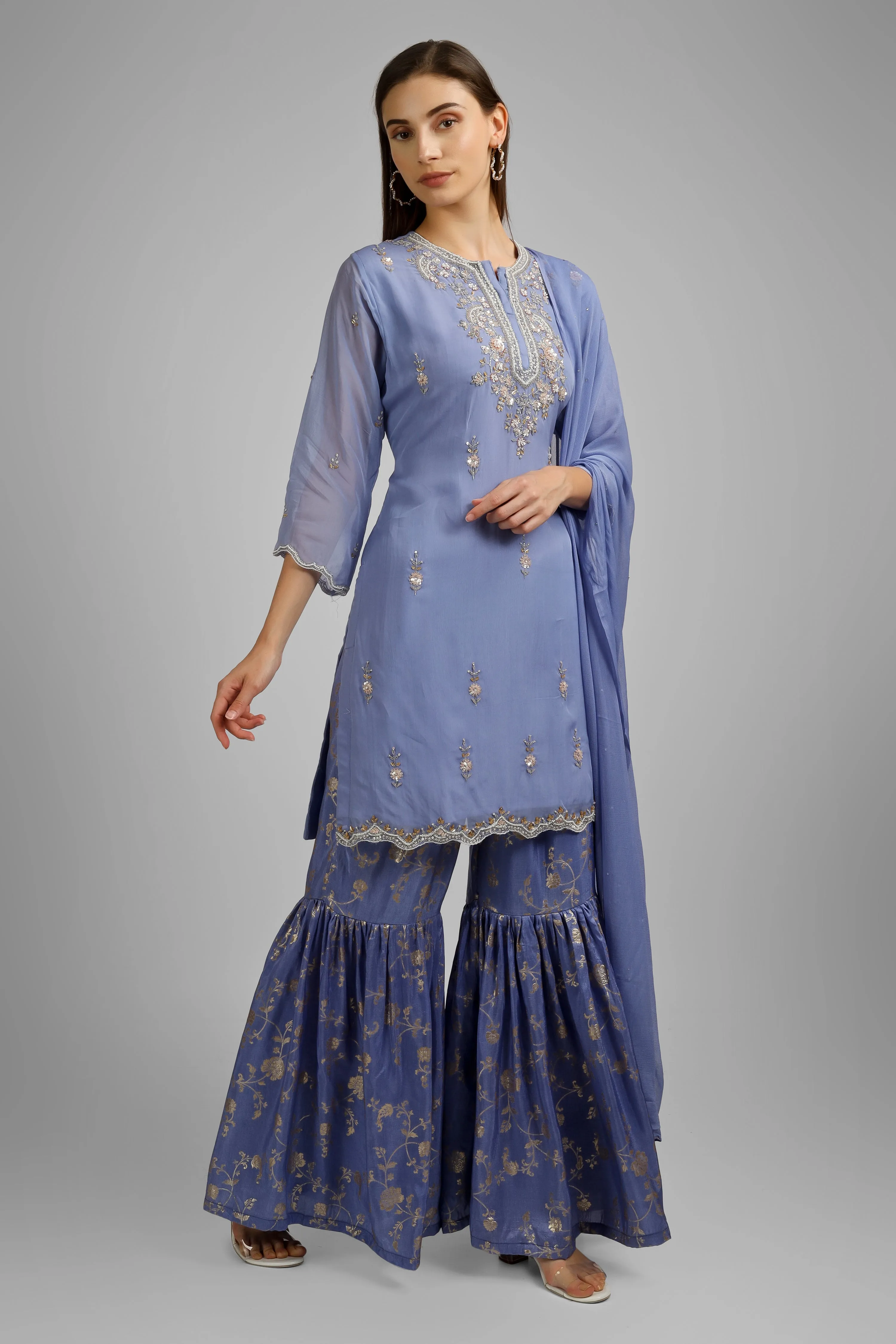 Banarasi Gharara with Organza Short Shirt and Chiffon Dupatta