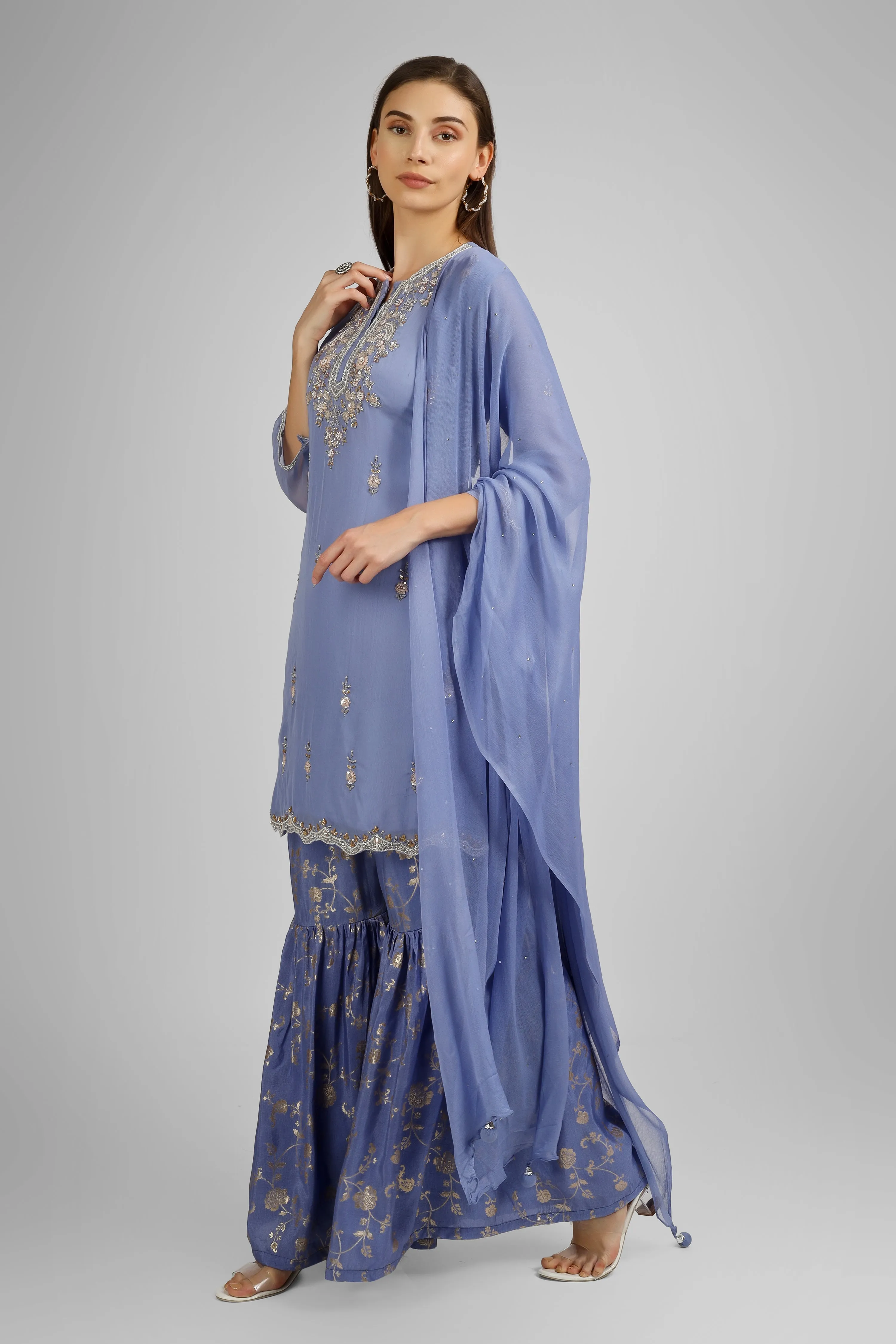 Banarasi Gharara with Organza Short Shirt and Chiffon Dupatta