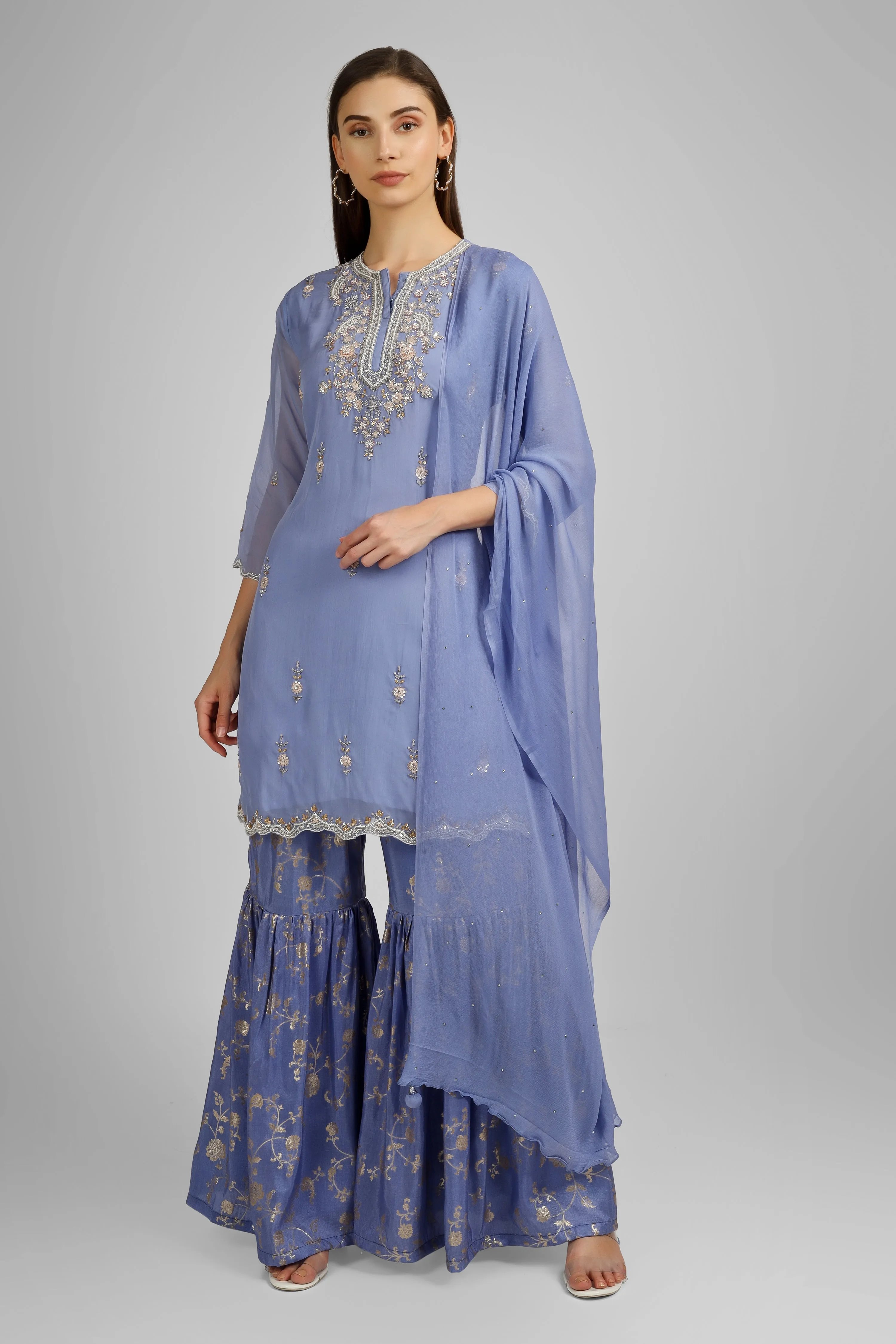 Banarasi Gharara with Organza Short Shirt and Chiffon Dupatta