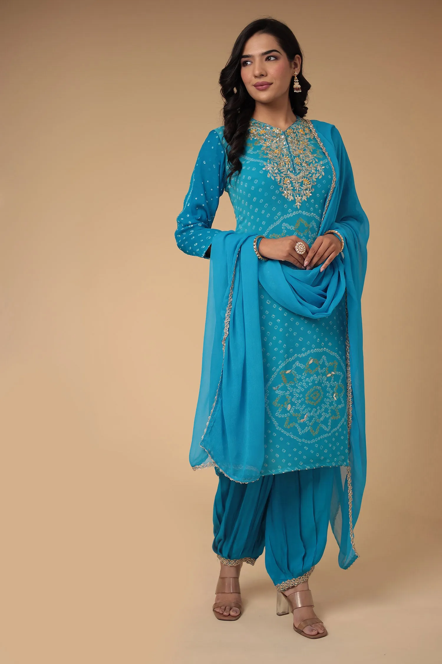 Bandhej Georgette Suit Embroidered with Gota Patti work