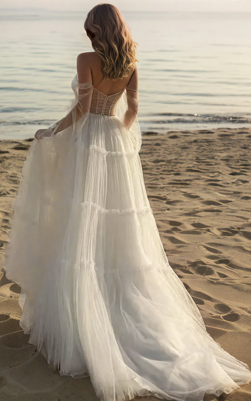 Beach Off-the-Shoulder A-Line Tulle Wedding Dress Sexy High Split Front Sweetheart Neckline Low Back Bridal Gown