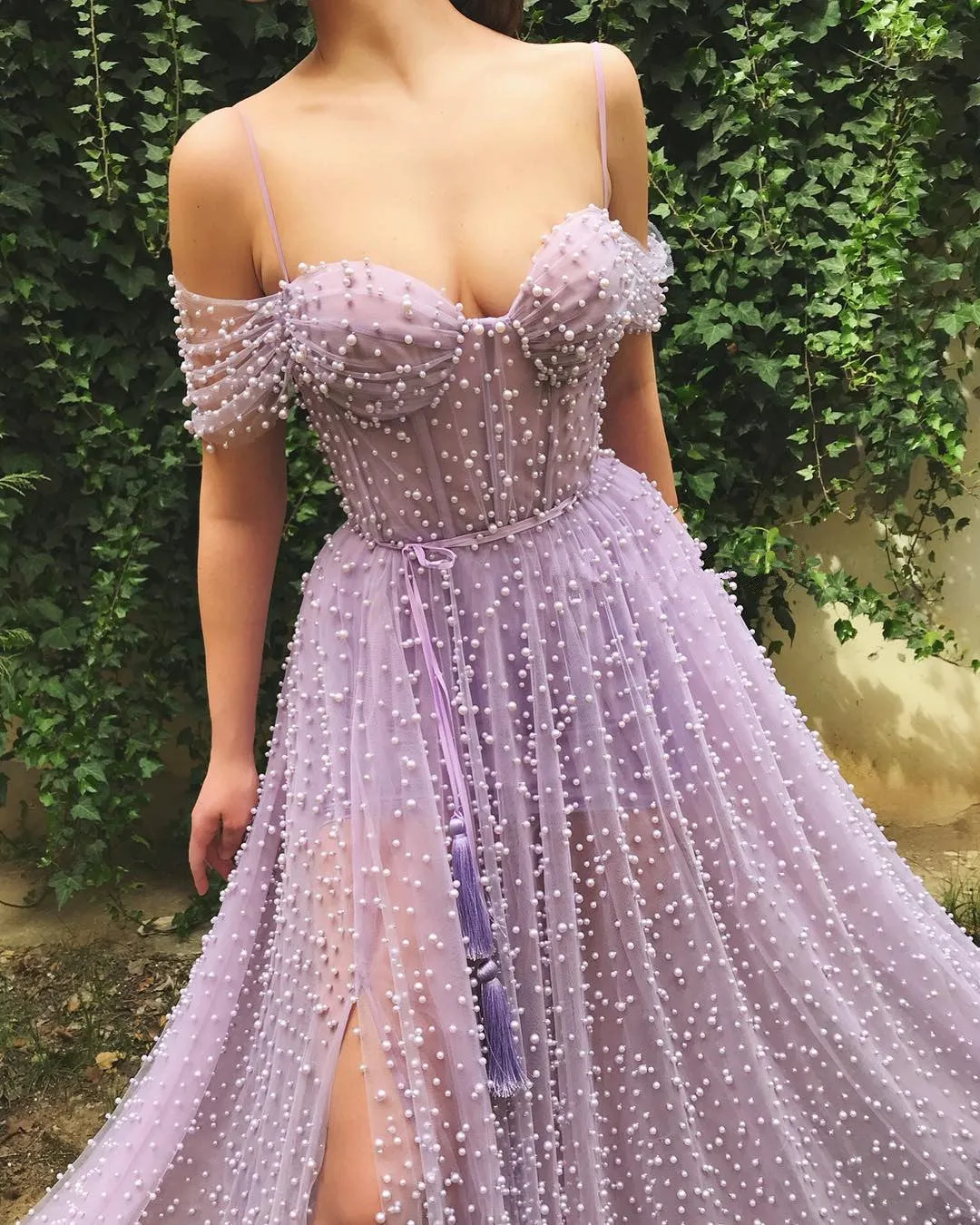 Beautiful Long A-line Sweetheart Off the Shoulder Tulle Prom Dress with Slit