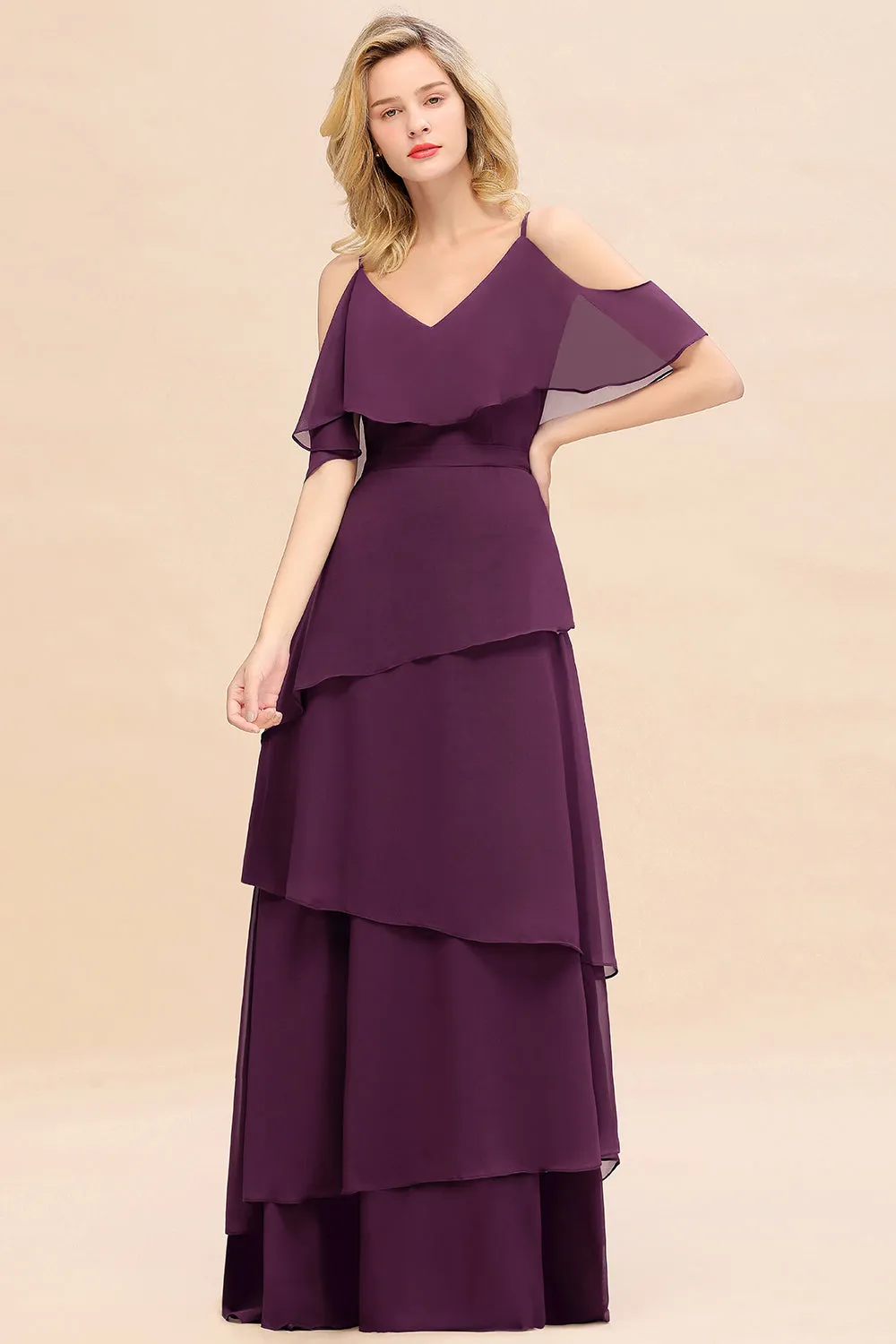 Beautiful Long A-line V-neck Cascading Ruffles Bridesmaid Dress with Sleeves