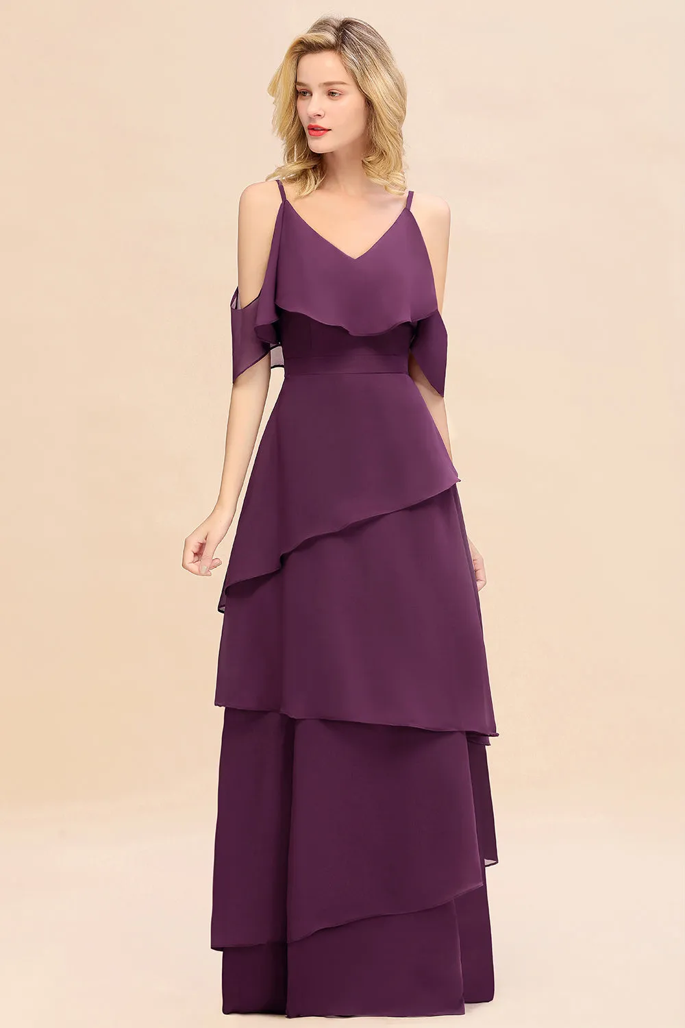 Beautiful Long A-line V-neck Cascading Ruffles Bridesmaid Dress with Sleeves