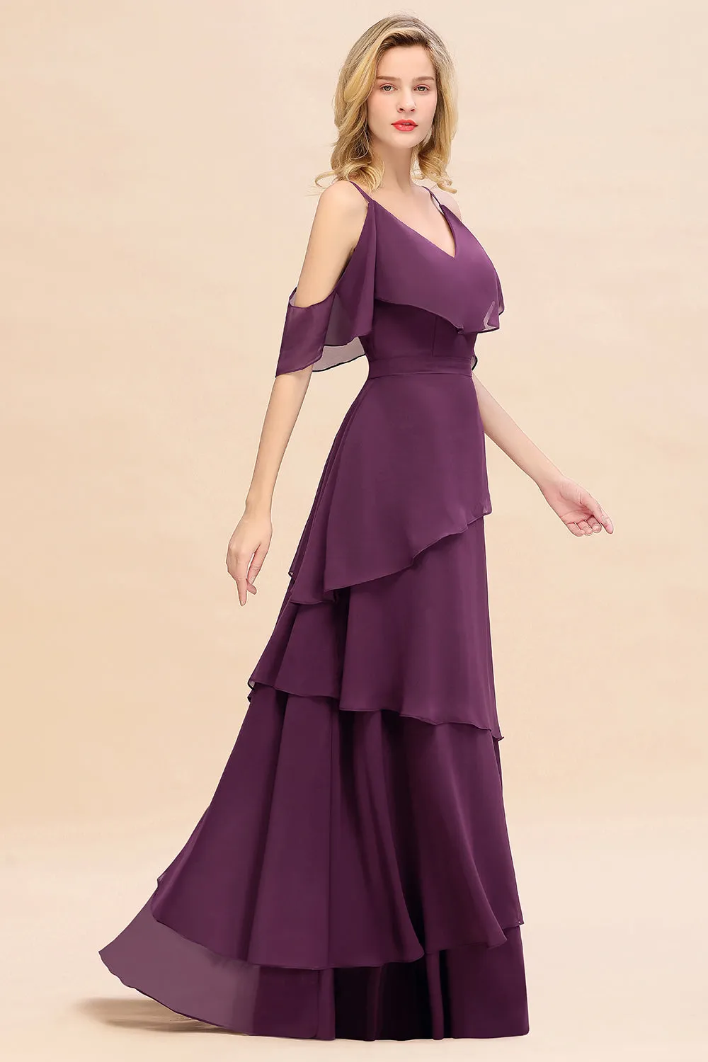 Beautiful Long A-line V-neck Cascading Ruffles Bridesmaid Dress with Sleeves